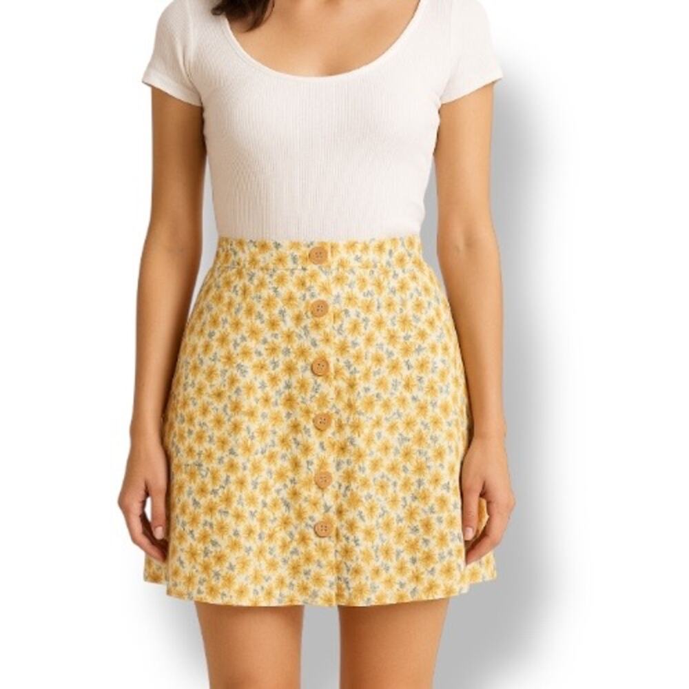 Vintage Express Sunflower Button Front Mini Skirt Yellow‎ Floral 90s Romantic